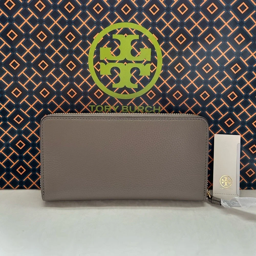 Tory Burch Walker Zip Continental Wallet Gray Heron Gold Grey